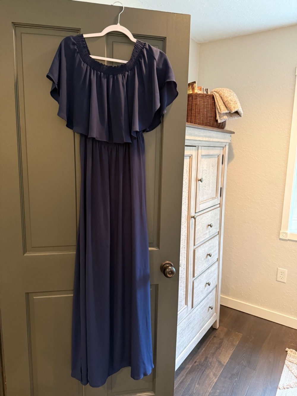 Show Me Your Mumu Midnight Navy Off-Shoulder Ruffle Maxi Dress.